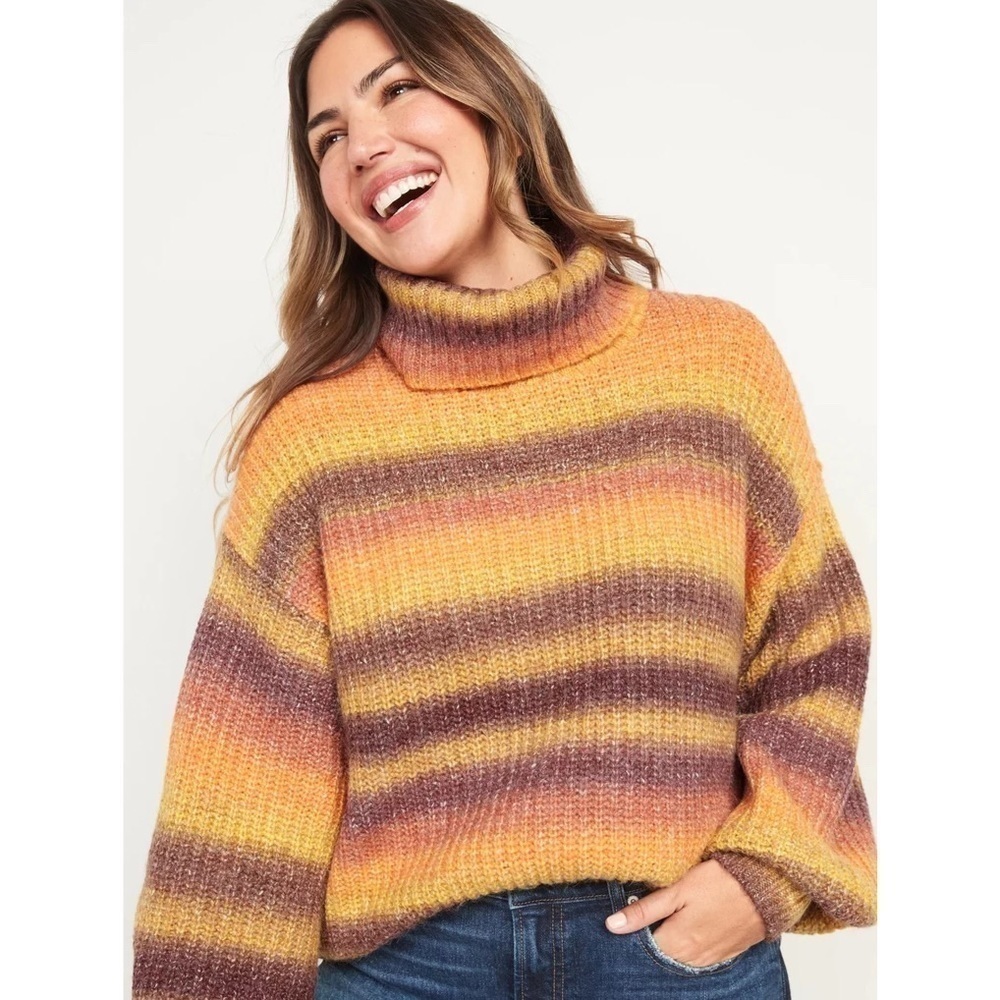 Old Navy Striped Shaker-Stitch Turtleneck Sweater Wool Blend Small